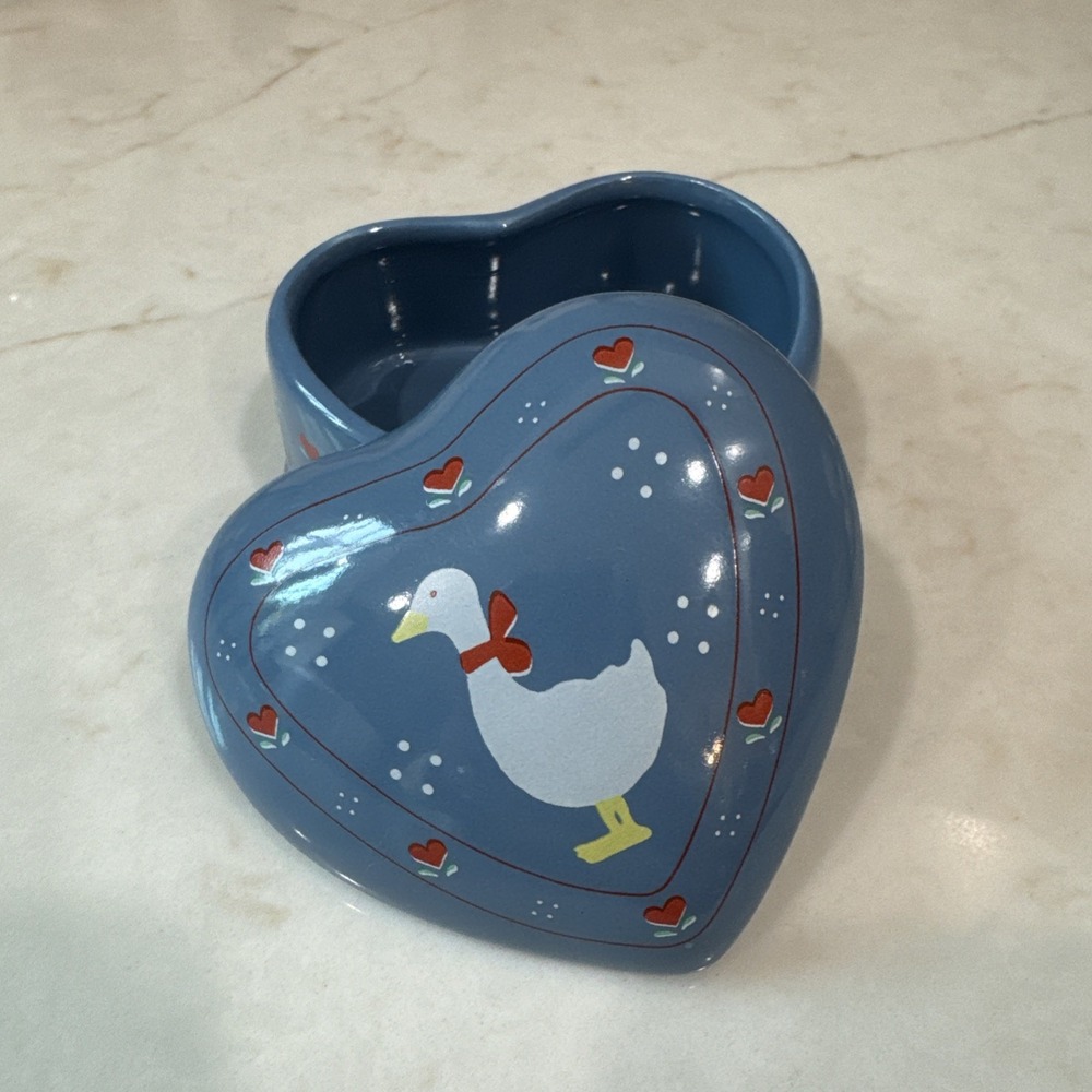 Russ Berrie Ceramic Trinket Jewelry Box with Lid Hearts Duck Geese